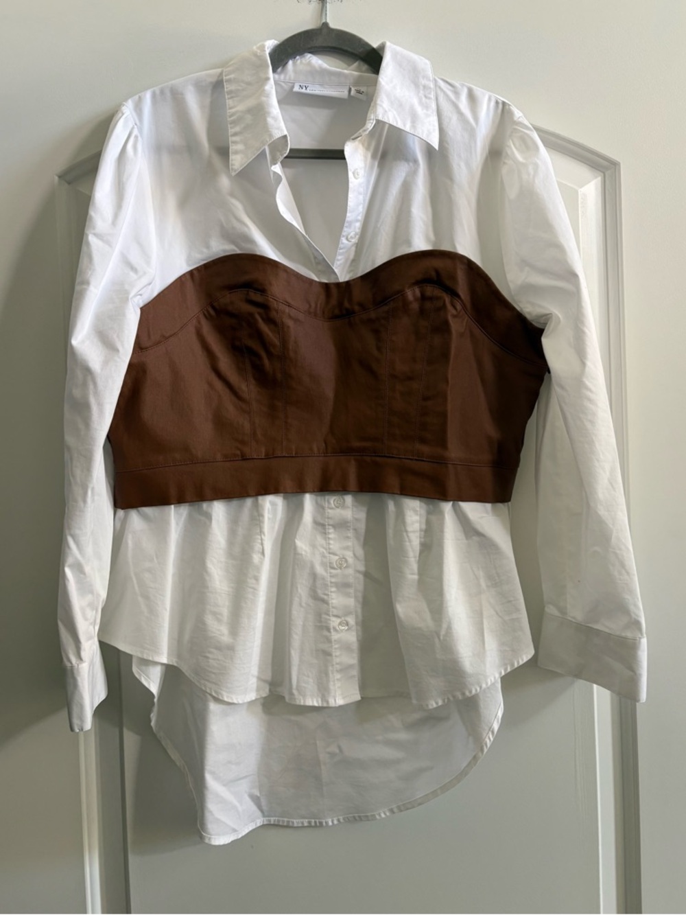 New York & Company White Button-Down with Brown Bustier Overlay
